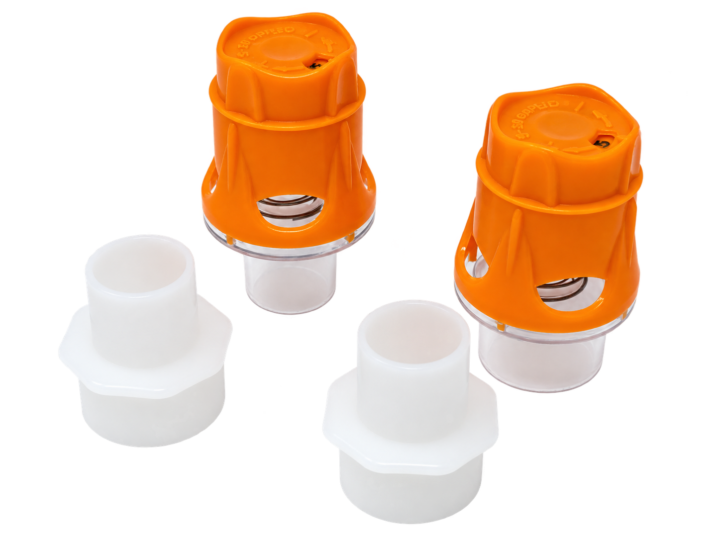 Two Koo stepPEEP valves with orange caps and white adapters